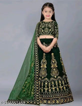 Green velvet lehenga choli and dupatta set for baby girls, semi-stitched with embroidered patterns, suitable for 3-7 years old